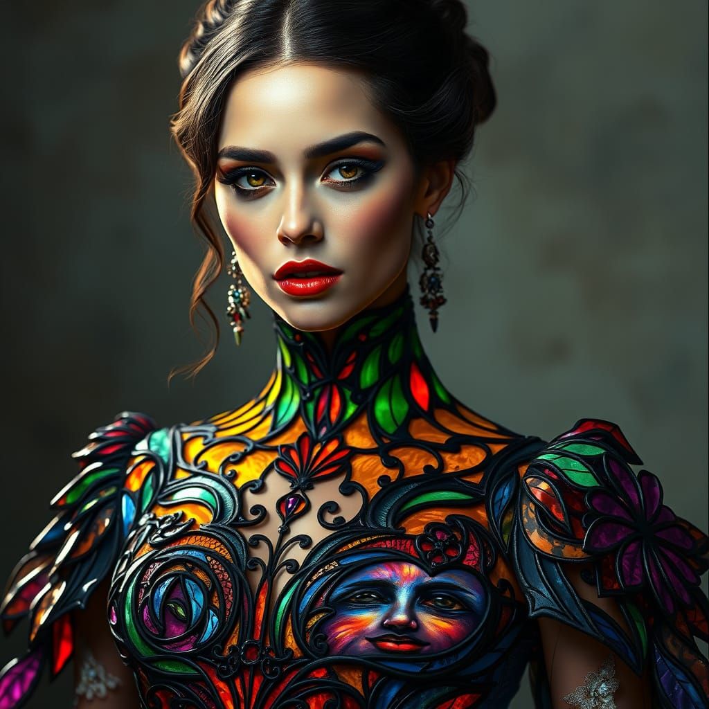 Fashion Model in Ornate Stained Glass Gown