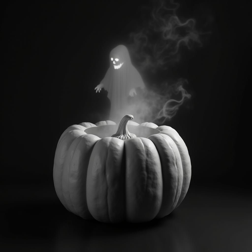 Grayscale Pumpkin Lamp with Ghostly Spirit - Award-Winning P...