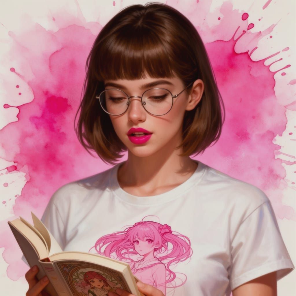 Nerdy Woman Studying with Pink Watercolor Splash