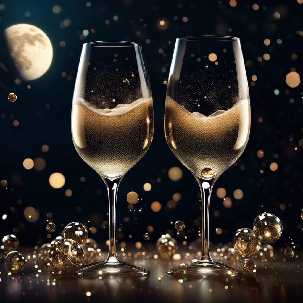 Sparkling Champagne Glasses with Moon, Photorealistic CGI