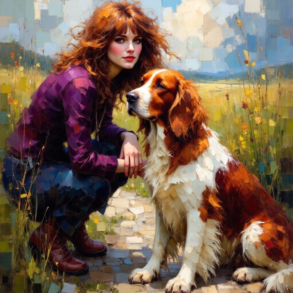 Irish Woman and Setter in Impasto Oil Painting