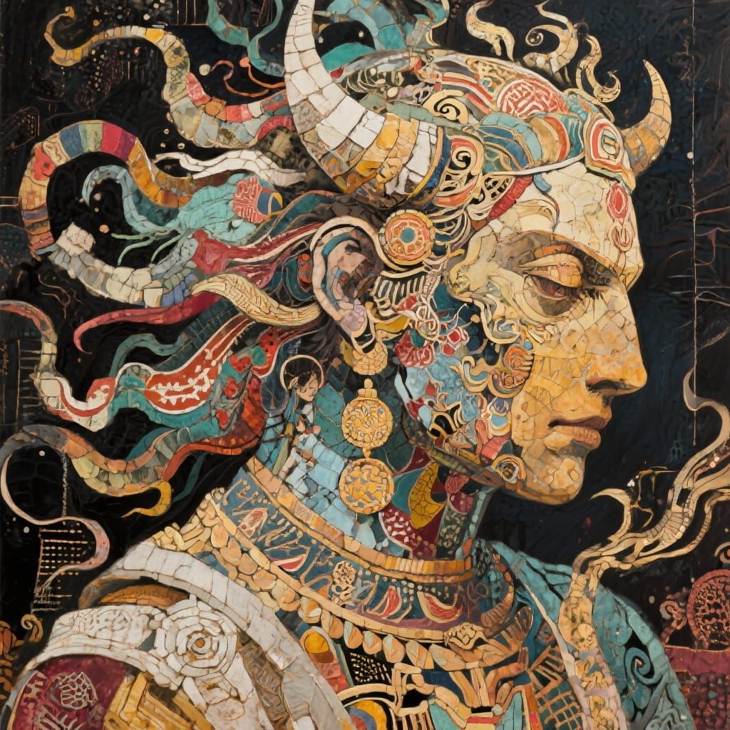 Mythological Scene in Mixed Media Art Style