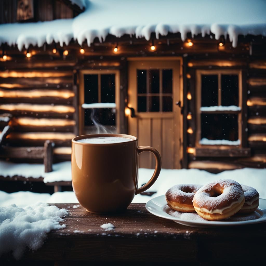 Cozy Winter Cabin Scene with Cider and Donuts