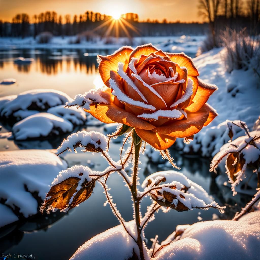 Orange Winter Rose with Glittering Hoarfrost