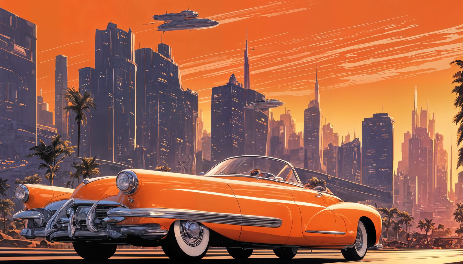 Retro-Futuristic Cityscape in Orange Sunset Glow