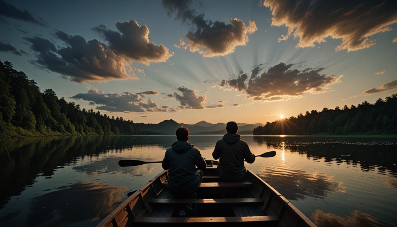 Man Relaxing in Boat on Dark Lake at Sunset