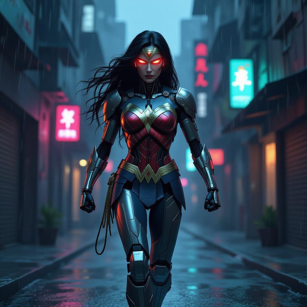 Cyberpunk Wonder Woman Soaring Through Neon Cityscape