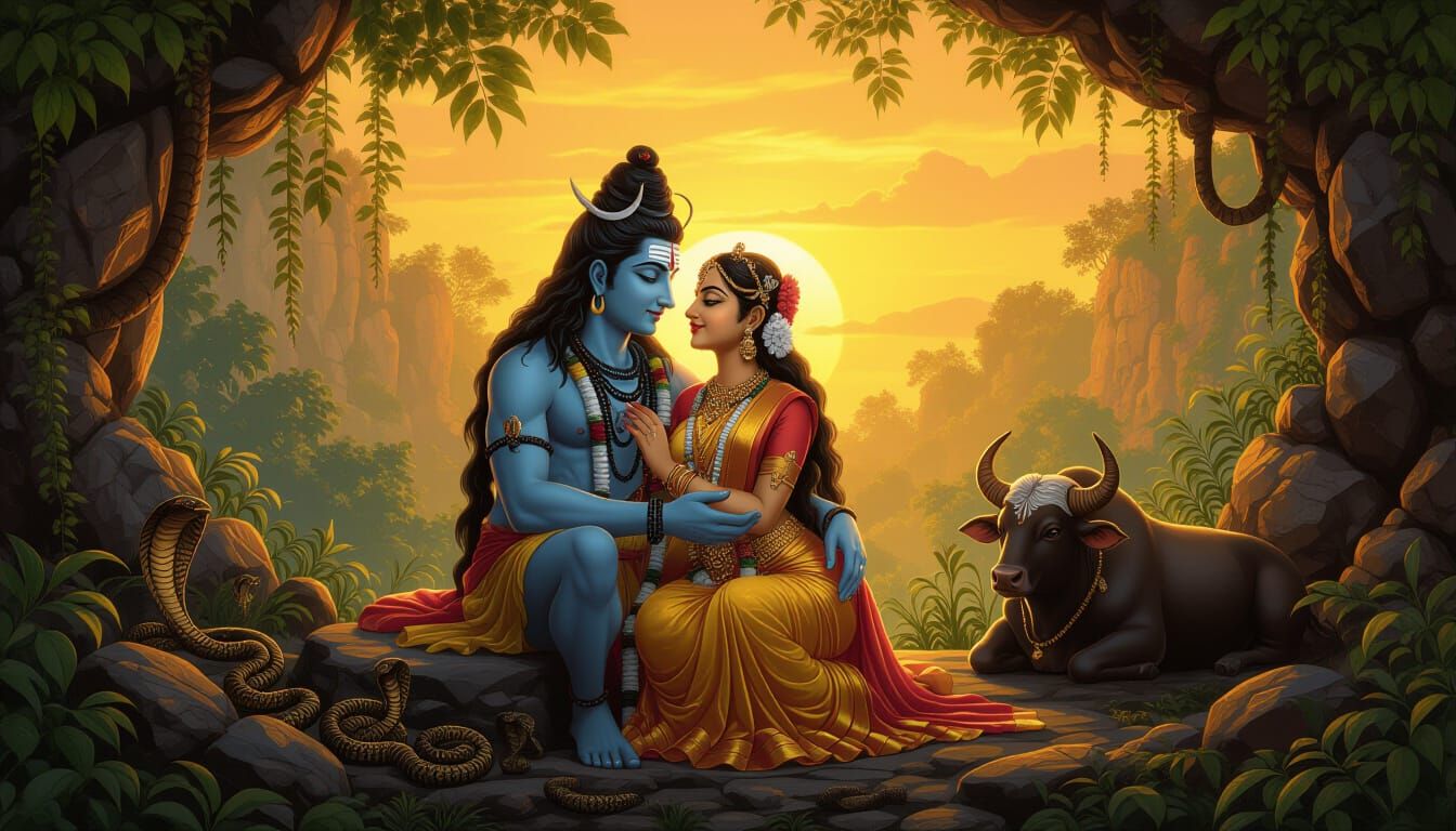 Shiva and Parvati Embrace at Sunset in Lush Jungle