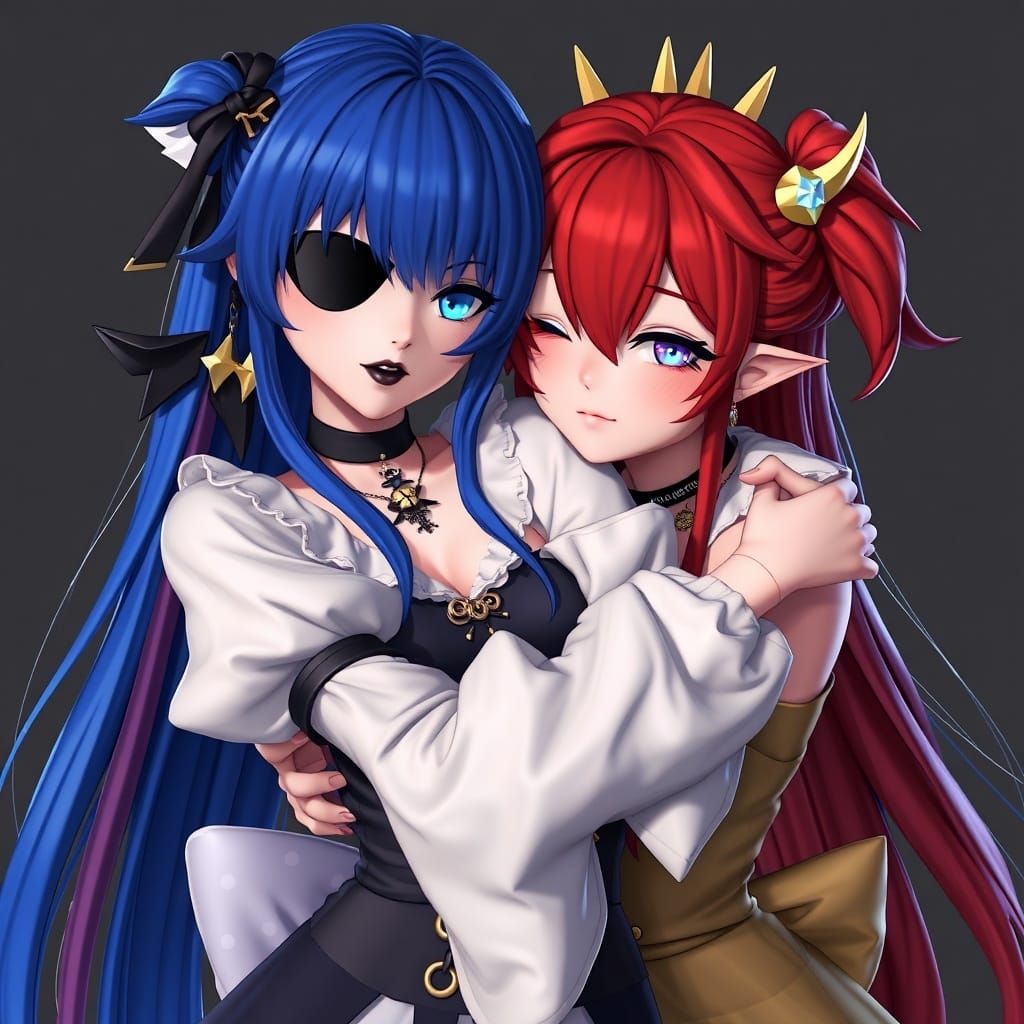 Anime Pirate Sisters Hugging in Detailed 3D Rendering