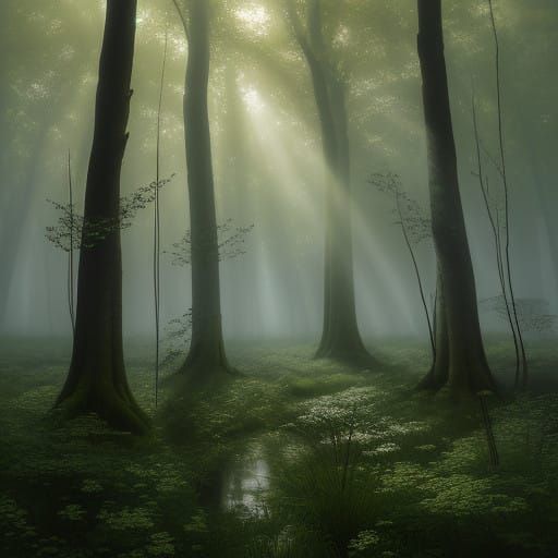 Golden Light Illuminates Misty Forest Bells