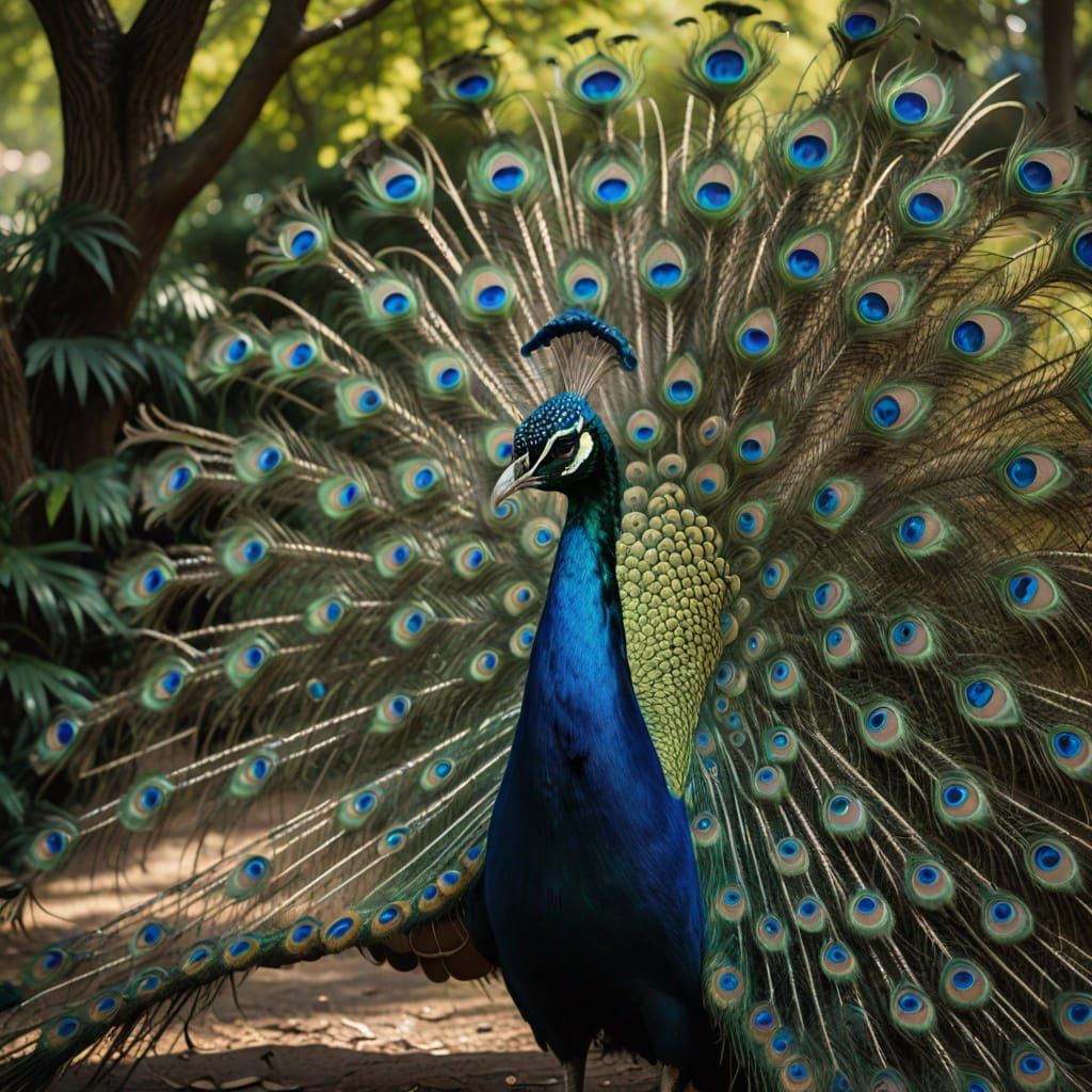 Magnificent Peacock Displaying Tail in Lush Garden
