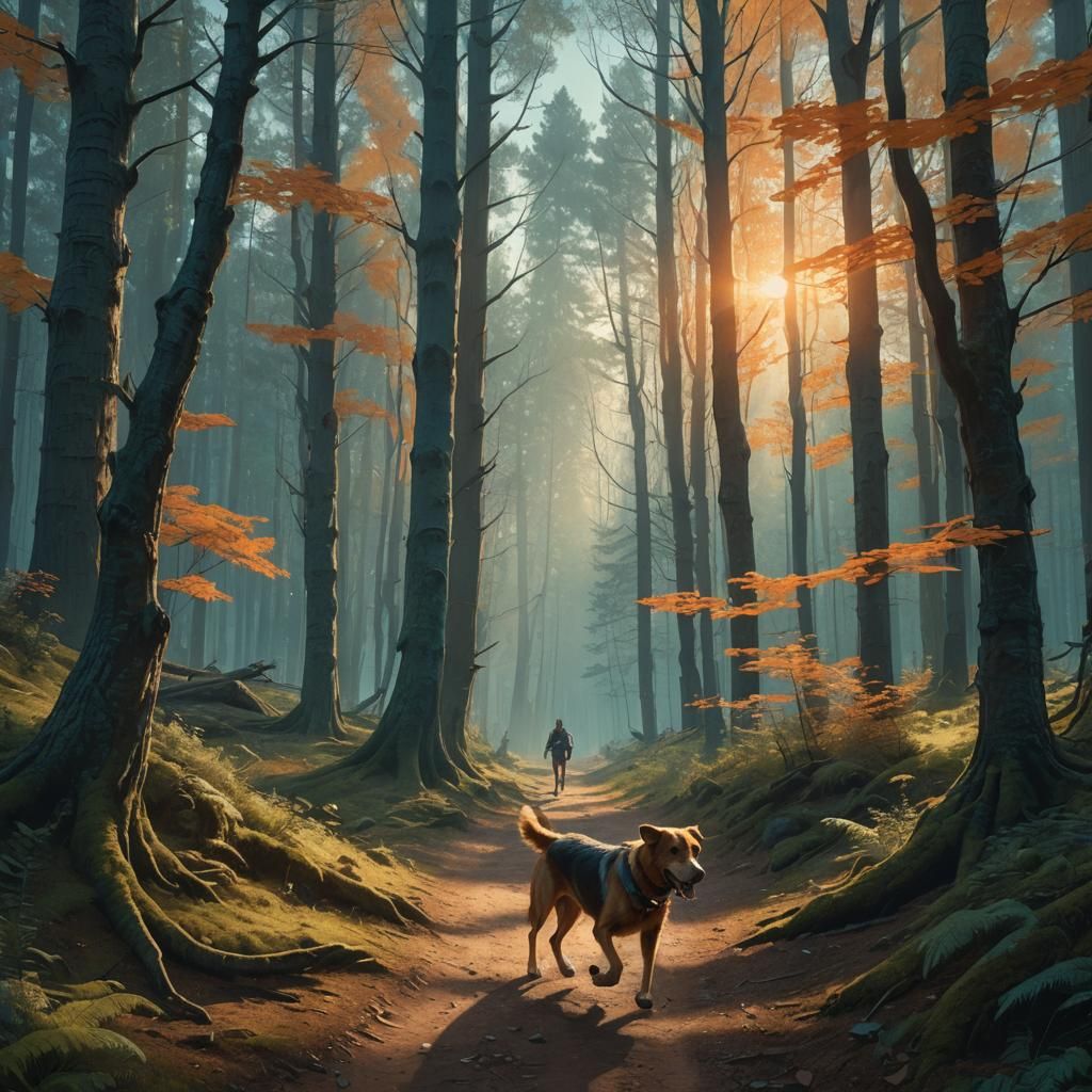 Man and Dog Run Forest Trail in Fantasy Realism