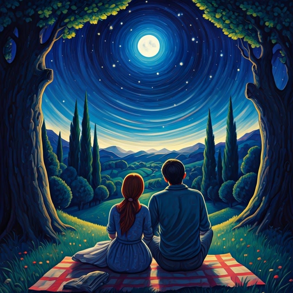 Romantic Stargazing Scene in Dreamy Ethereal Landscape