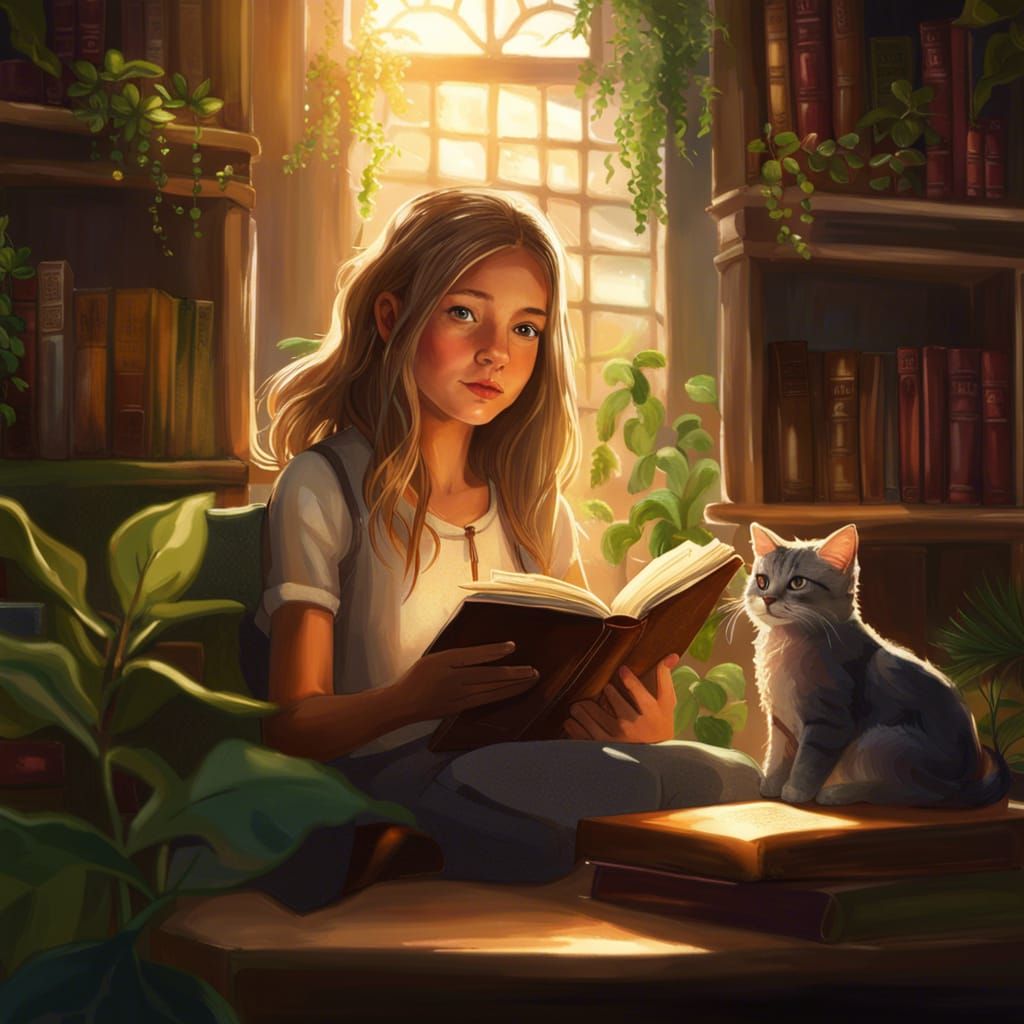 Enchanted Library Scene with Girl Reading