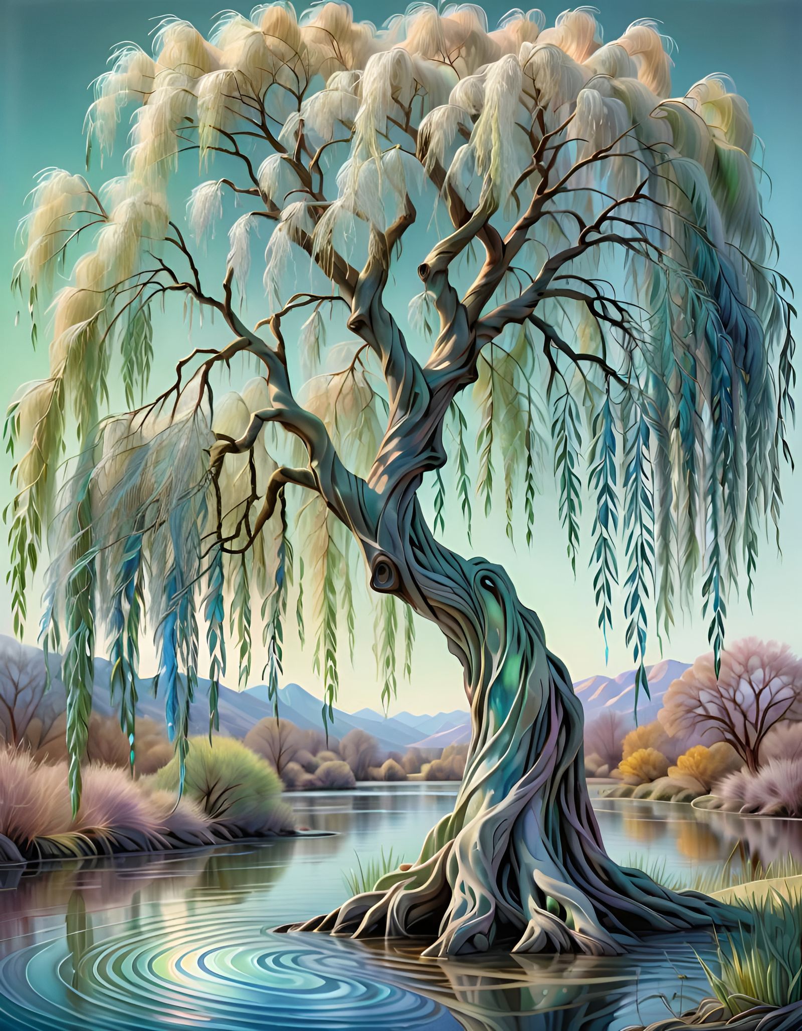 Ethereal Weeping Willow Tree in Pastel Colors
