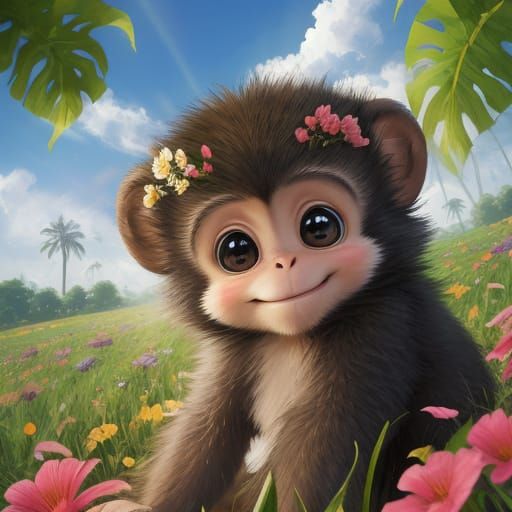 Whimsical Baby Monkey Smiling in Summer Flower Field