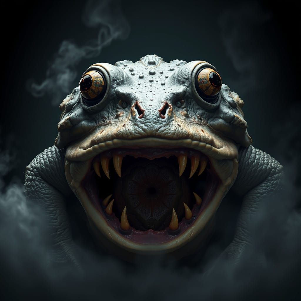 Gargantuan Toad in Dark, Surreal Fantasy Landscape