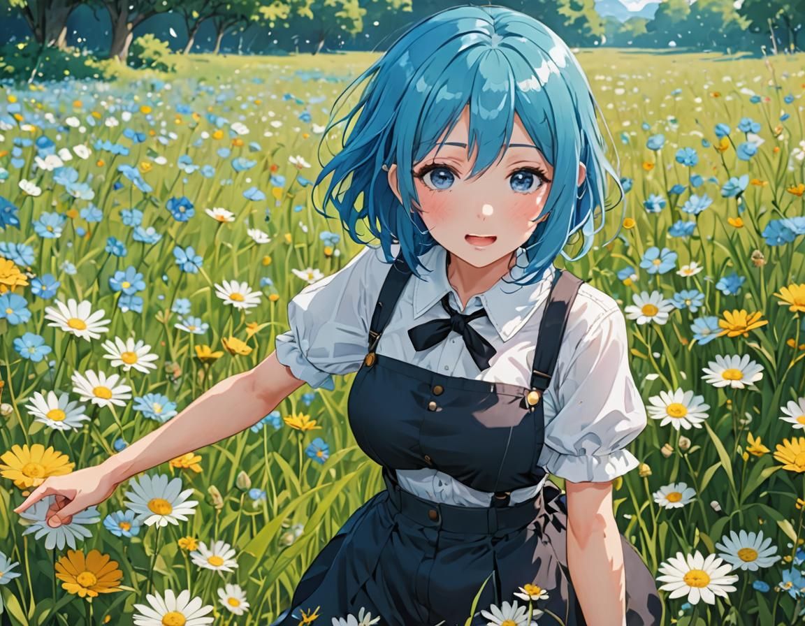 Anime Girl Uses Water Magic in Flower Meadow