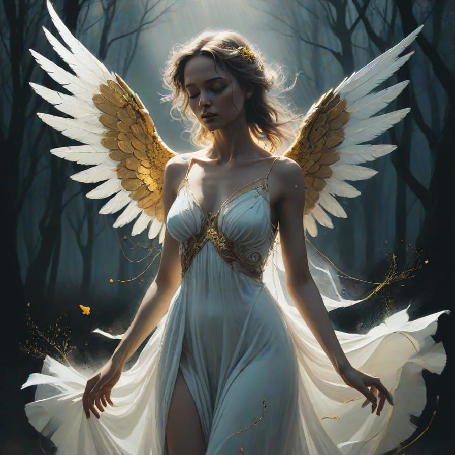 Angel Cradles Black Rose with Tears, Radiant Light