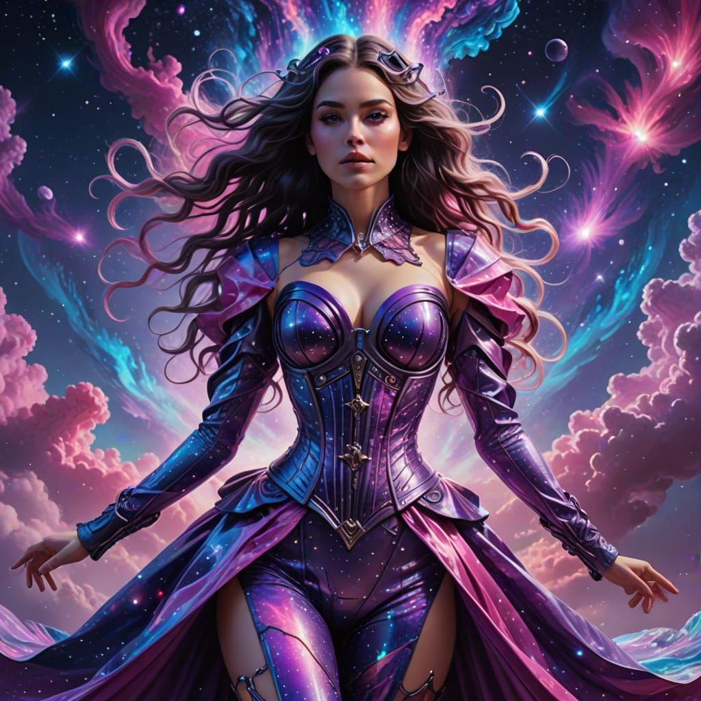 Futuristic Androgynous Woman in Cosmic Dress