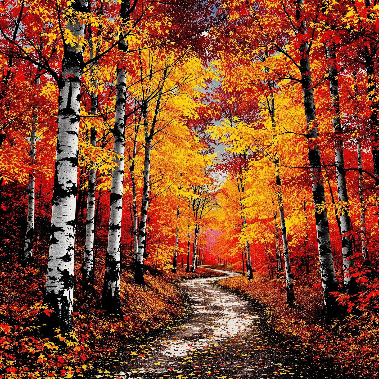 Maximalist Autumn Birch Forest with Glitch Errors