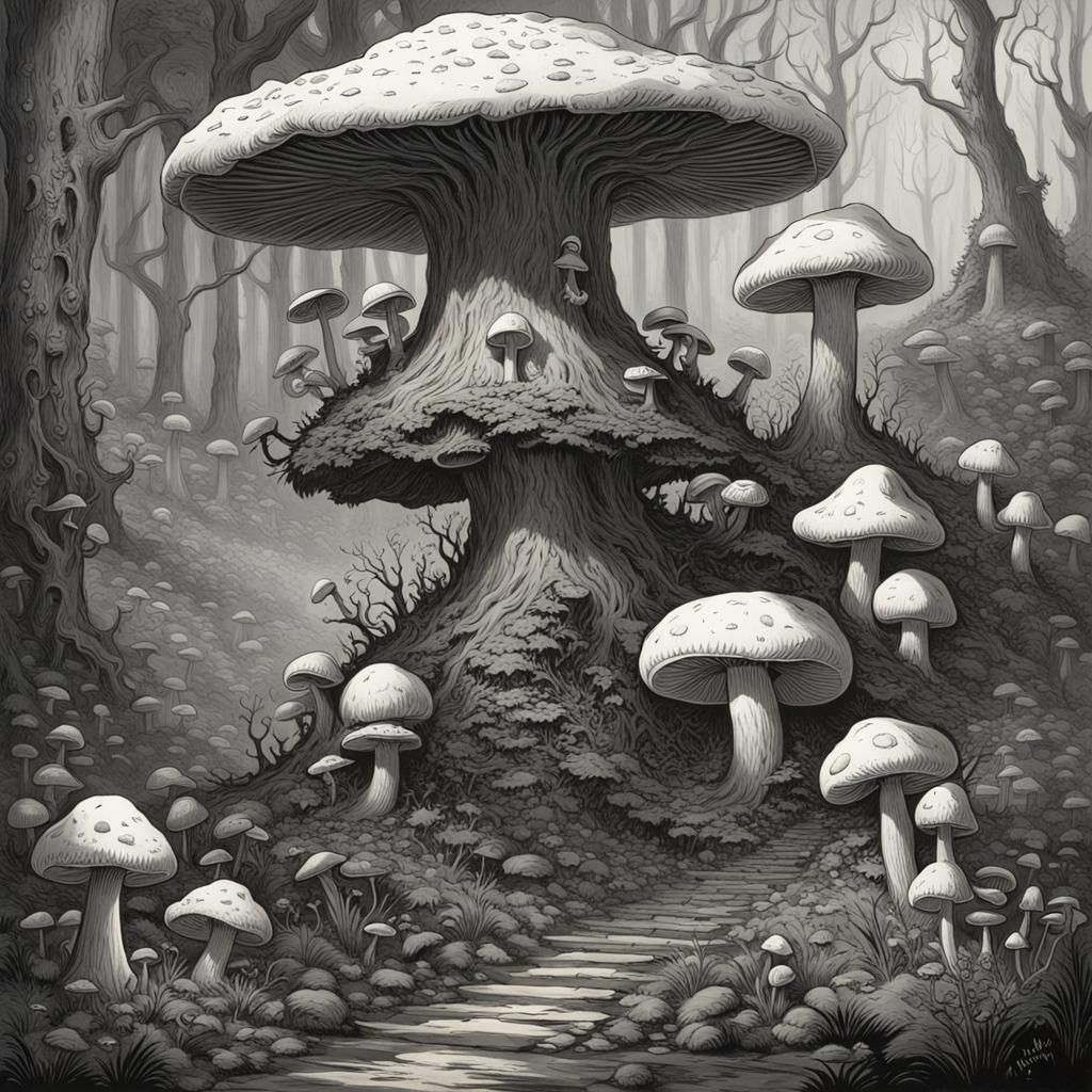 Horror Mushroom Girl in Doré Style