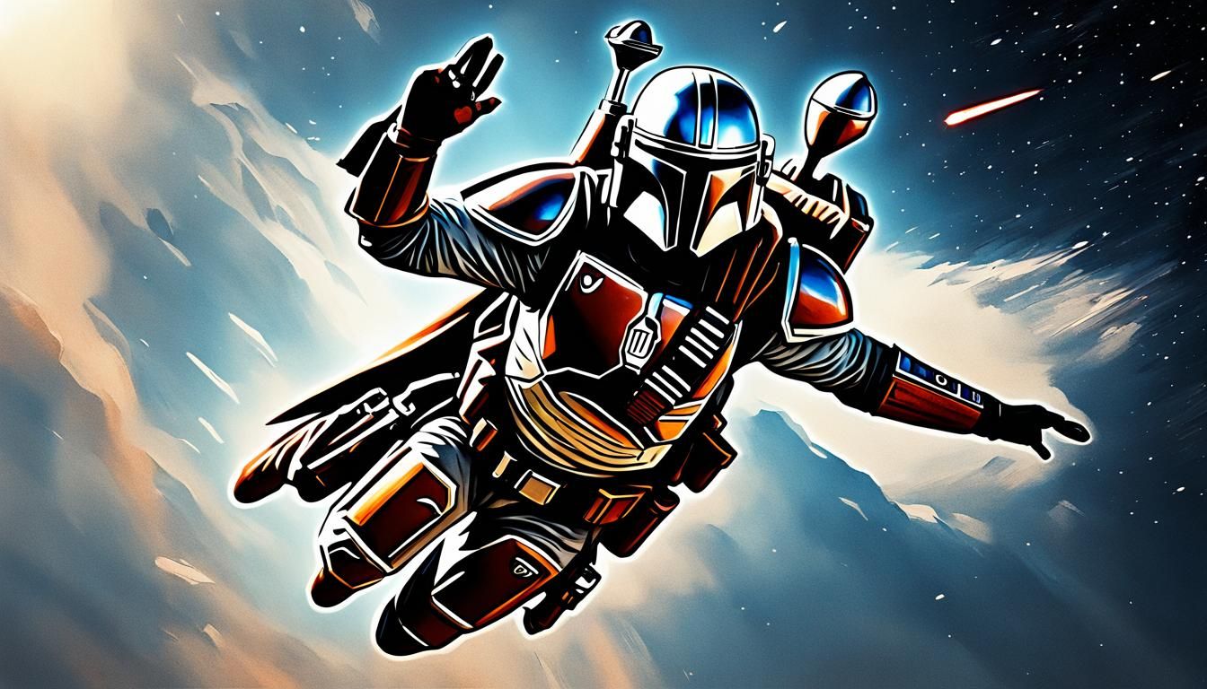Mandalorian Jetpack Flight in Galaxy, Photorealistic Star Wa...