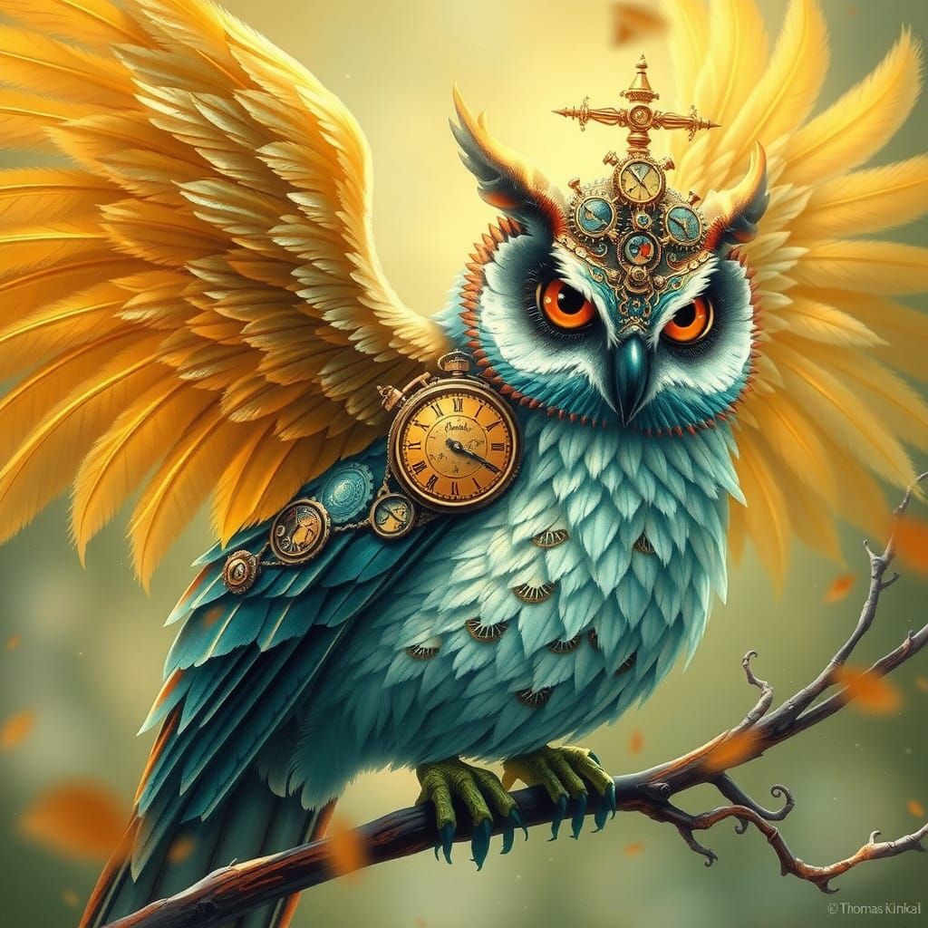 Clockwork Owl: Steampunk Bird in Ethereal Style