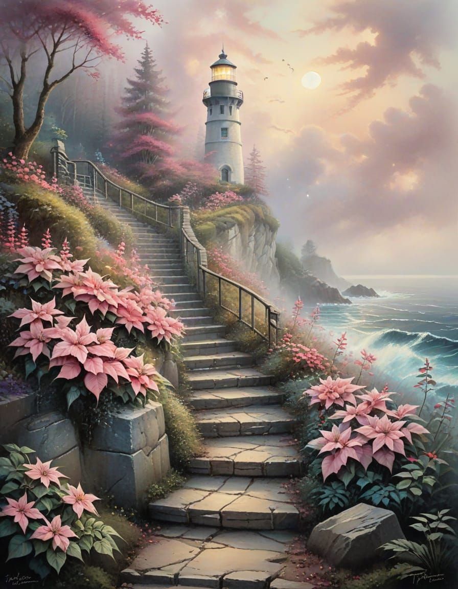 Ethereal Watercolour Lighthouse with Poinsettias