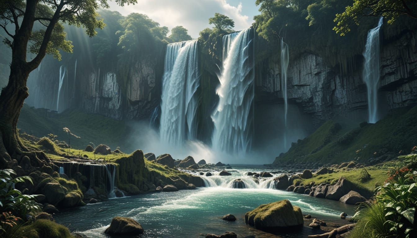 Surreal Landscape Masterpiece with Towering Waterfall