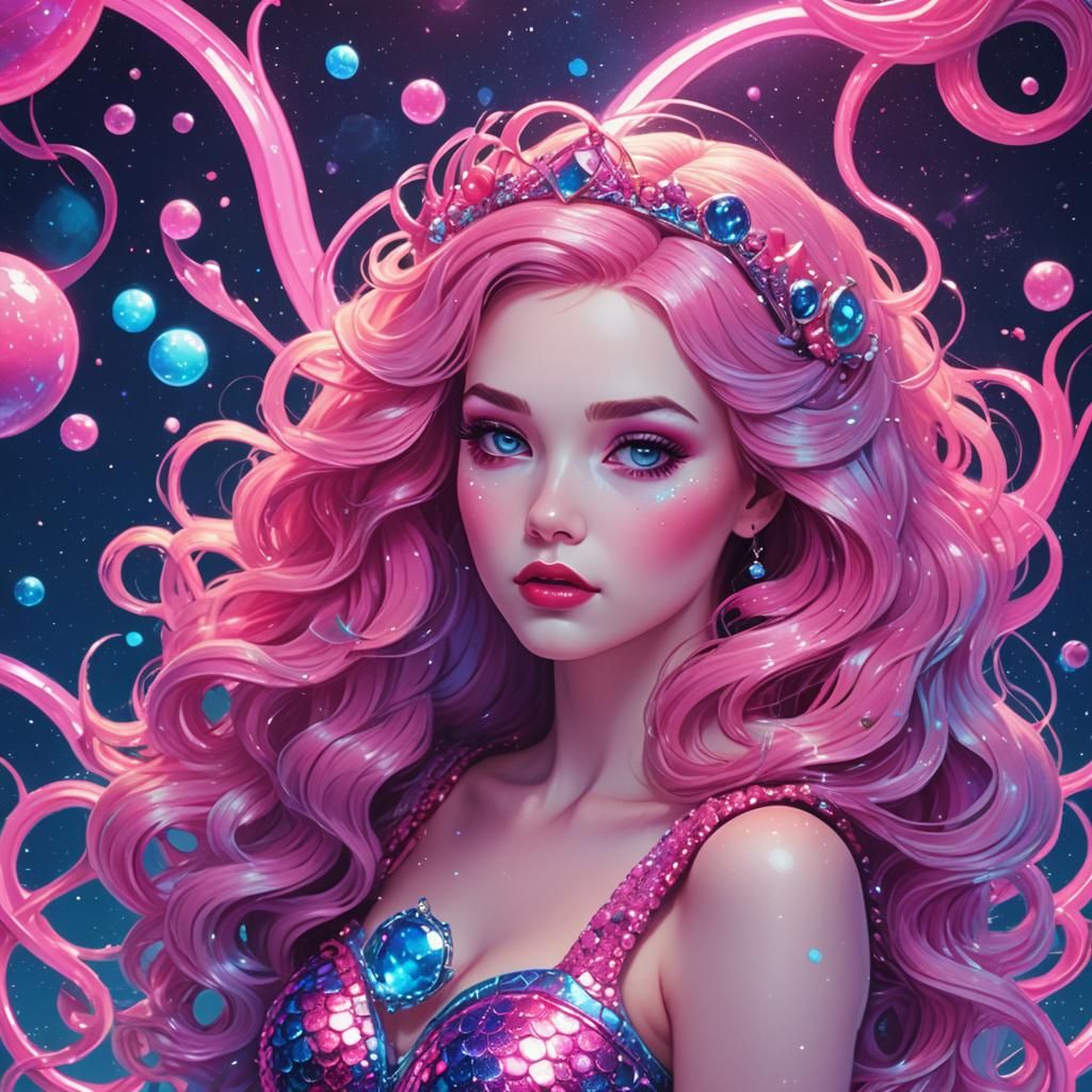 Snow White Space Mermaid in Synthwave Style