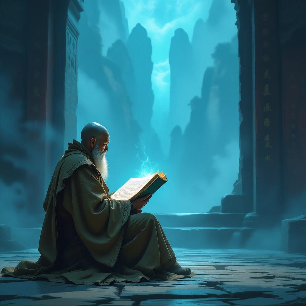 Wise Monk Contemplating Ancient Tome in Dreamlike Art