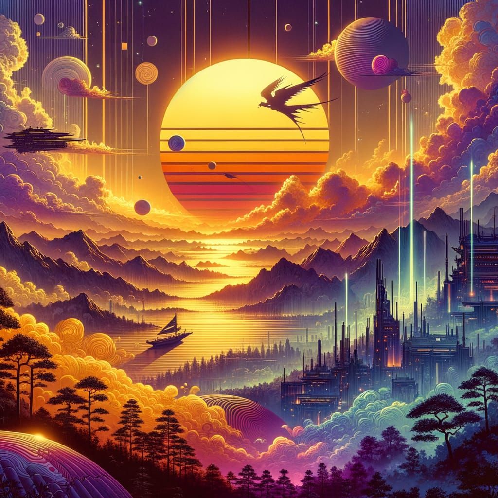 Retro-Futuristic Sunset with Wuxia Elements