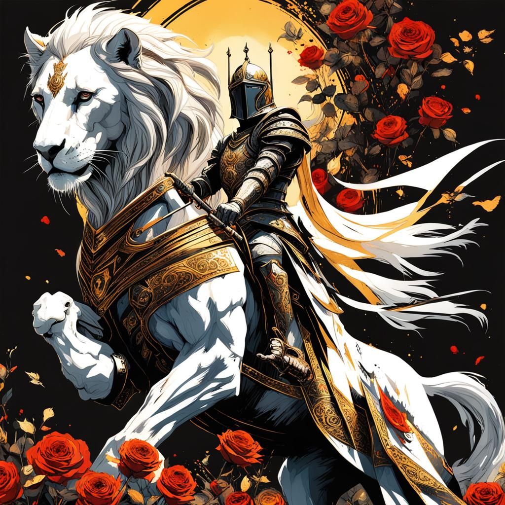 Gothic Knight on Lion in Rose Field, Gouache Style