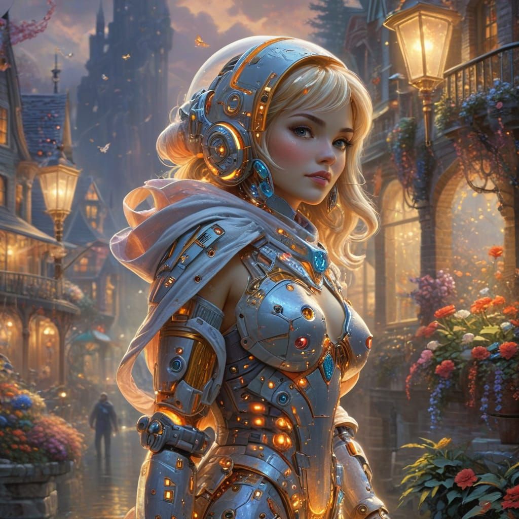 Chica whimsical, magnificent futuristic, fondo intrincate Th...