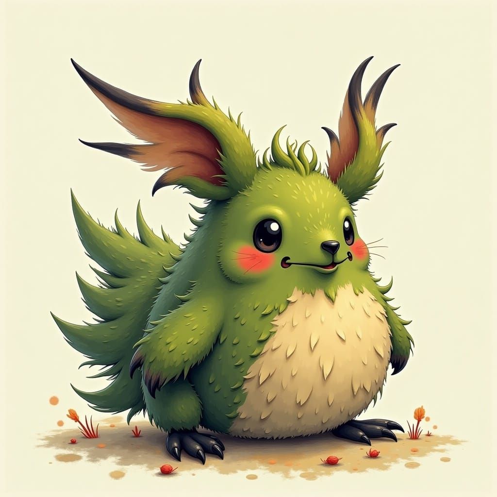 Cute Round Bird-Beaked Creature with Glowing Eyes