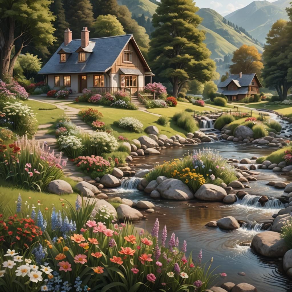 Photorealistic House with River and Hills