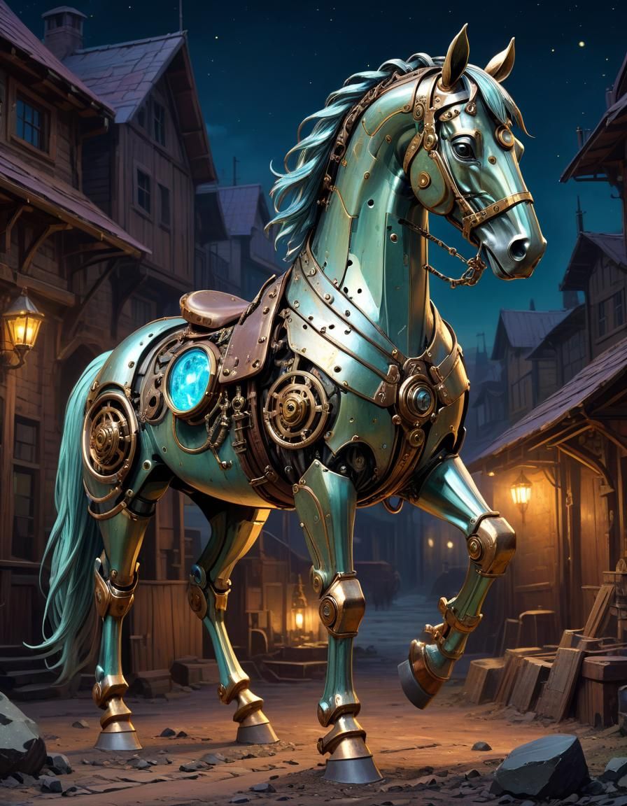 Steampunk Metal Horse Portrait in Chromatic Pastels