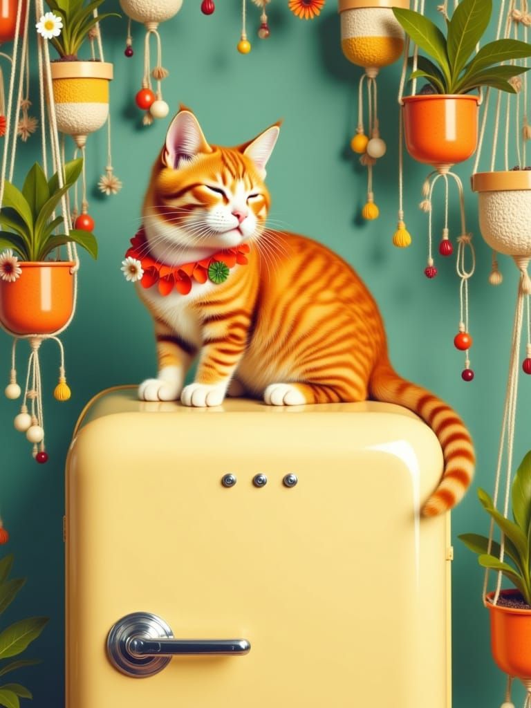 Retro Kitten Nap on Groovy 70s Fridge