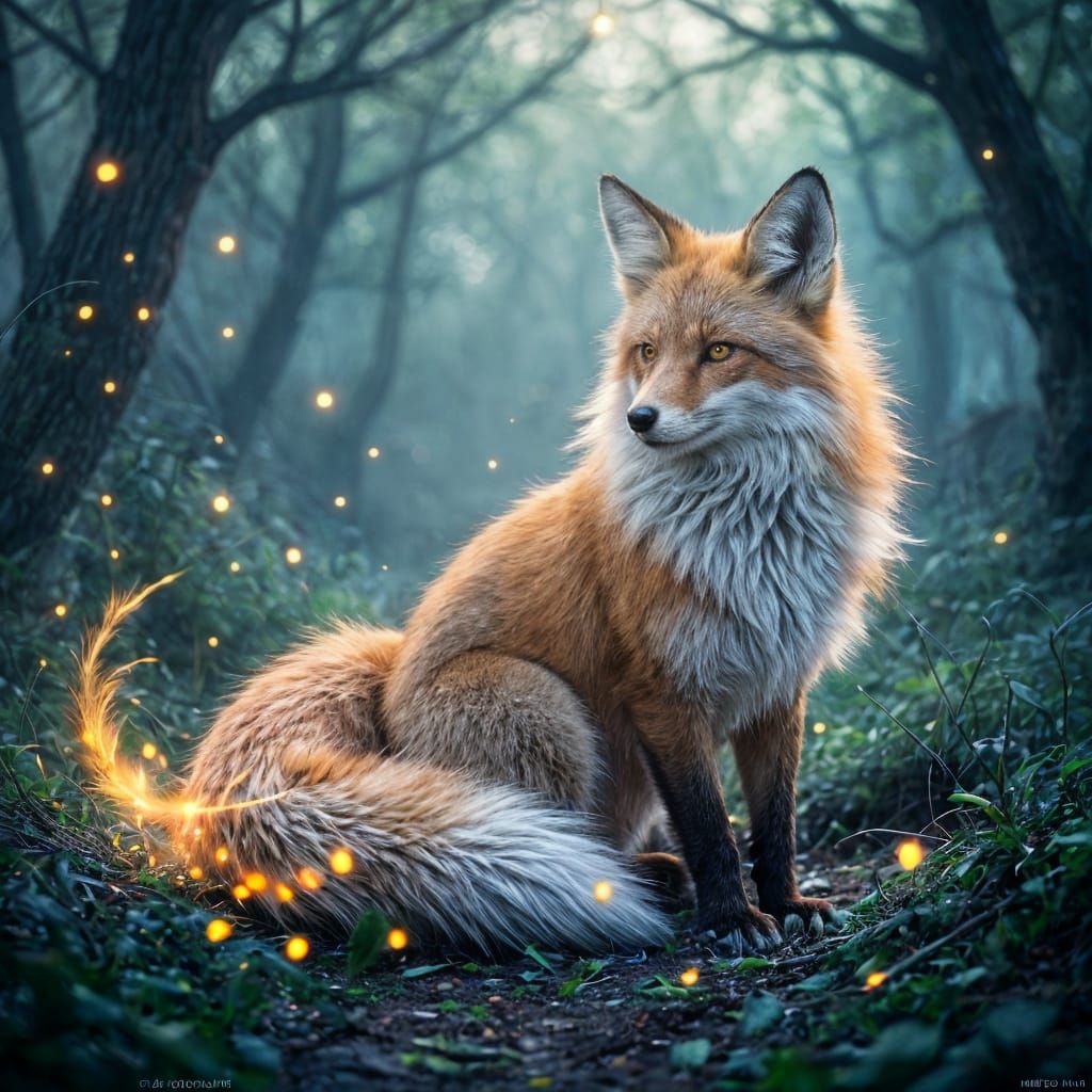 Spirit Fox in Twilight Forest with Firefly Sparks