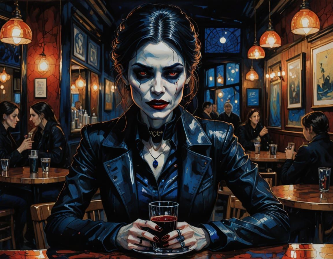 A vampire girl in a cafe at night, drinking a glass of blood