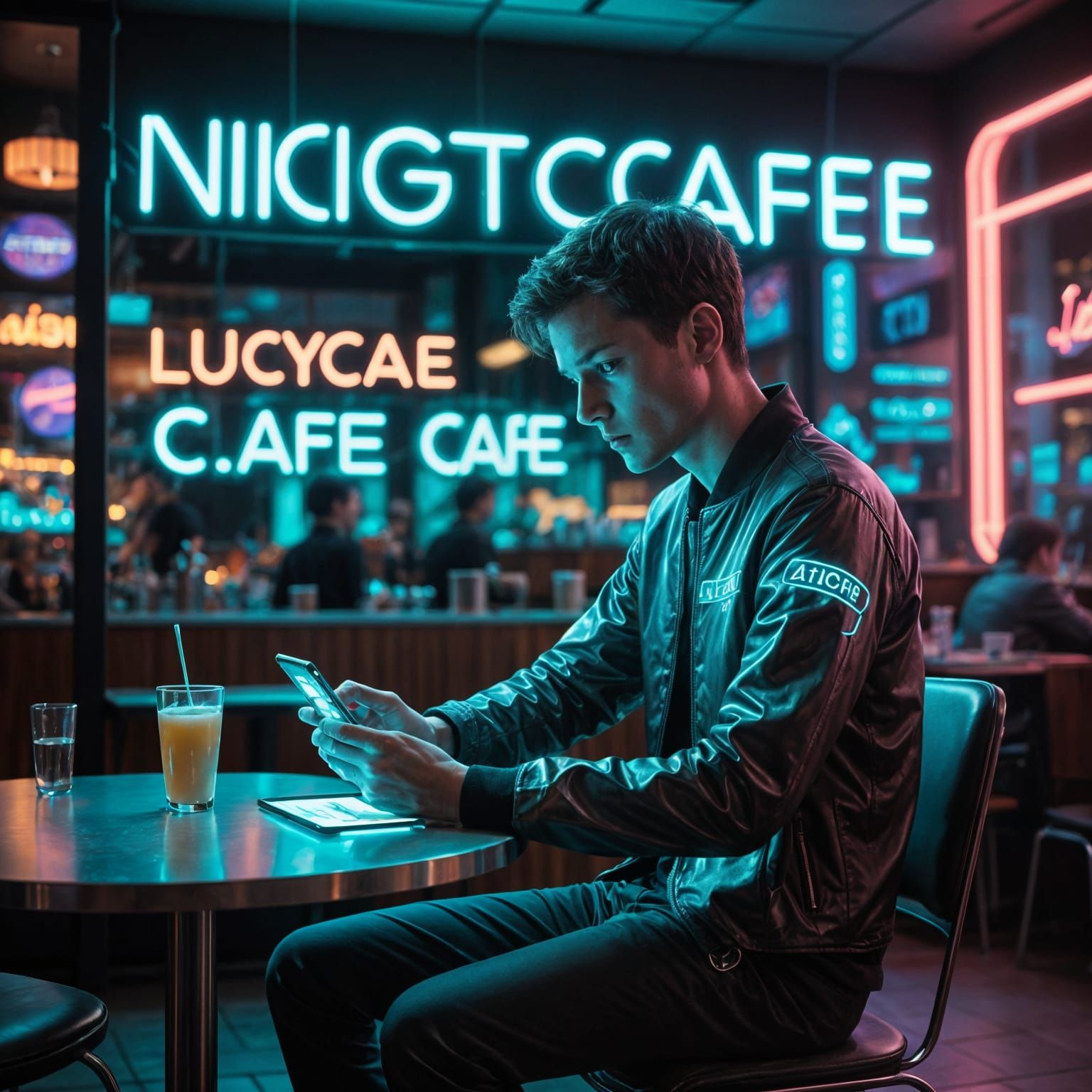 Mystical Futuristic Cafe Scene in Neon Hues