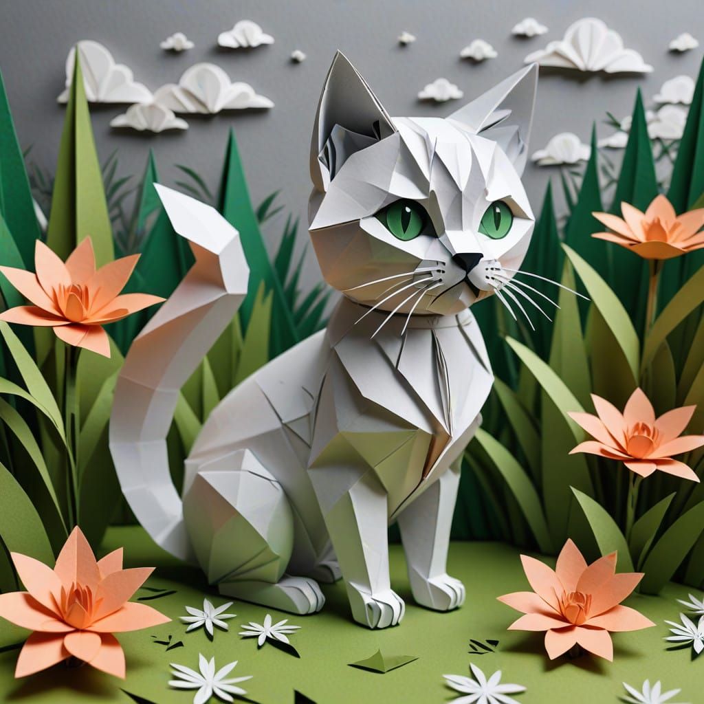 Origami Kitten in Serene Paper Meadow