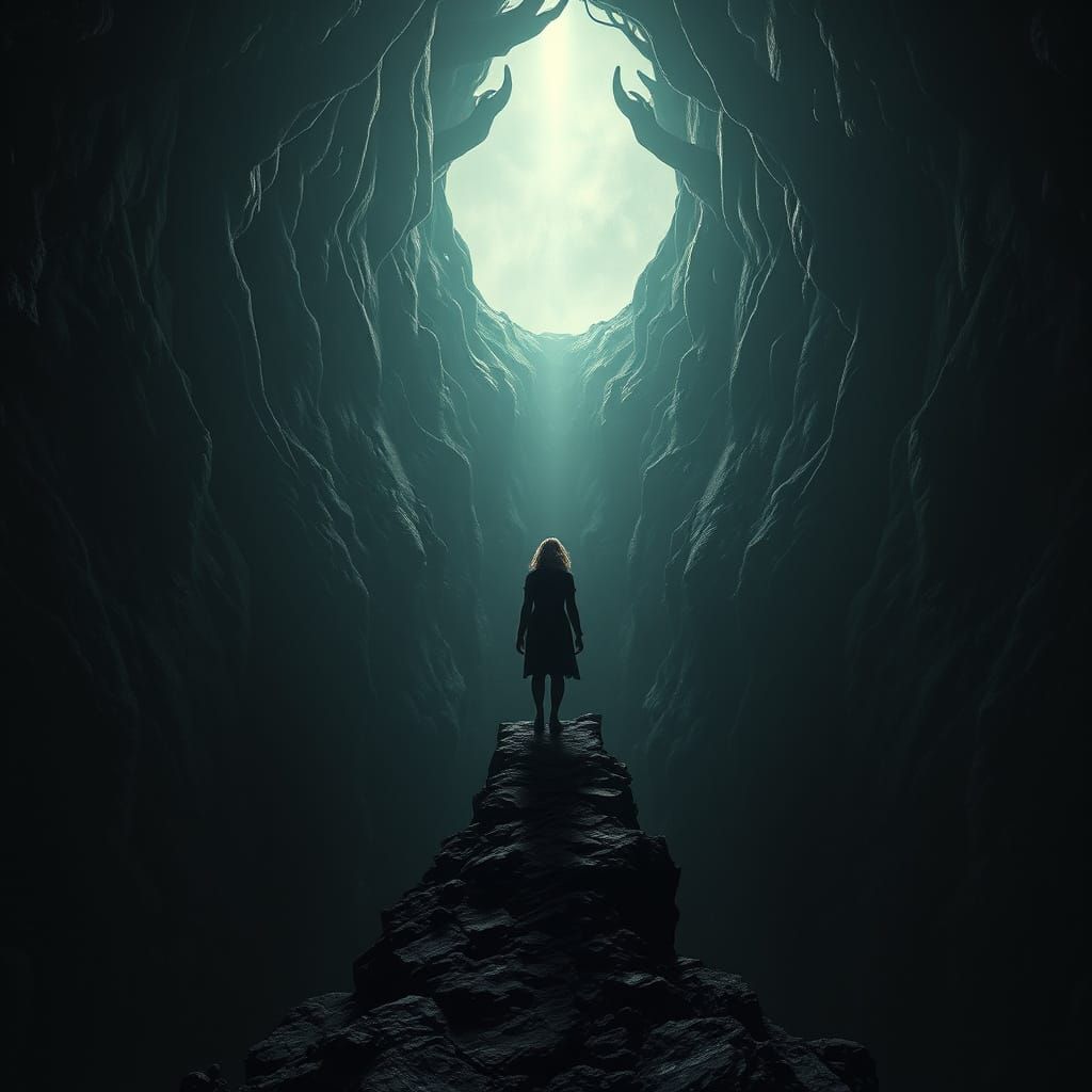 Mysterious Woman Stands at the Edge of a Dark, Cosmic Void