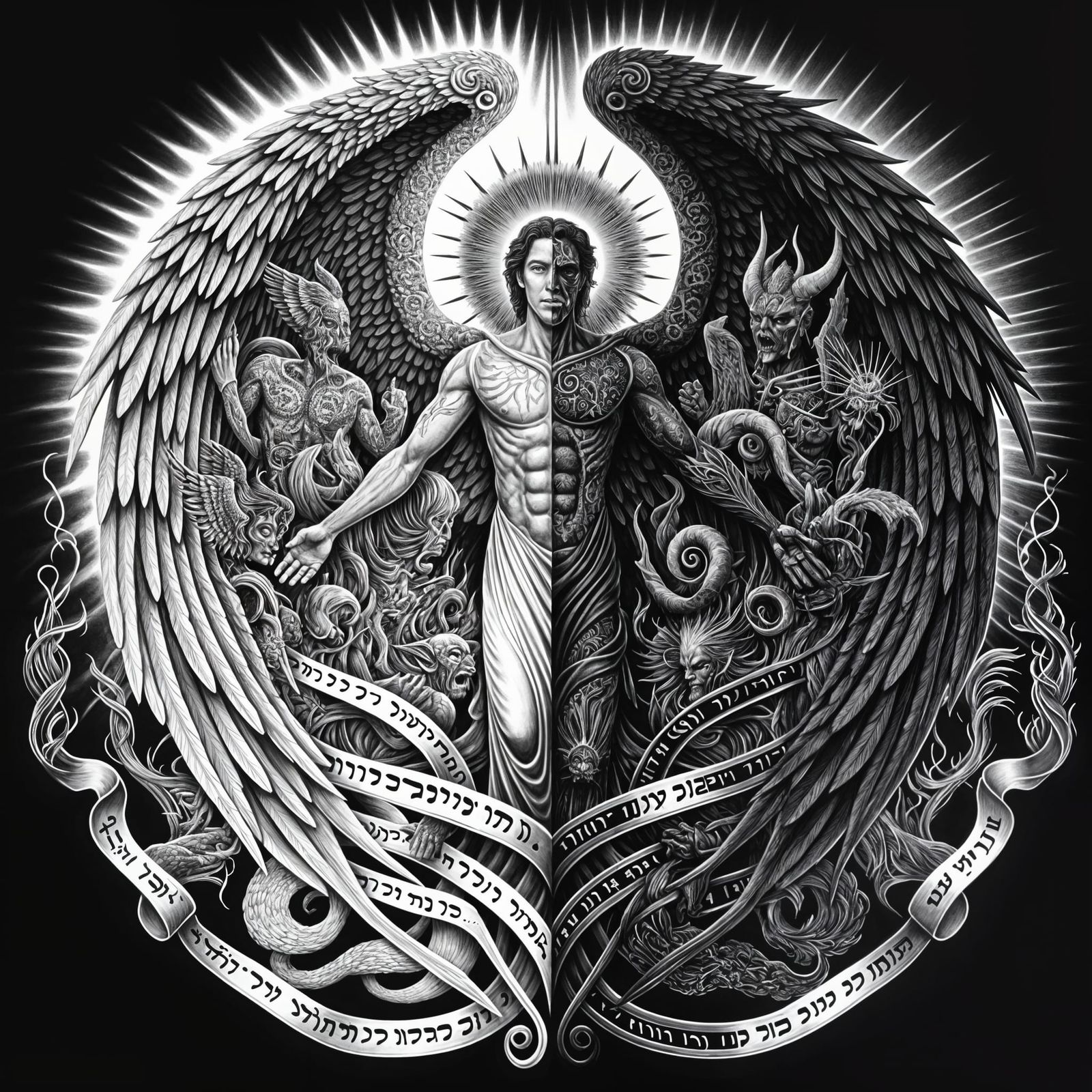 A full-back black-and-white tattoo of the archangel Michael,...