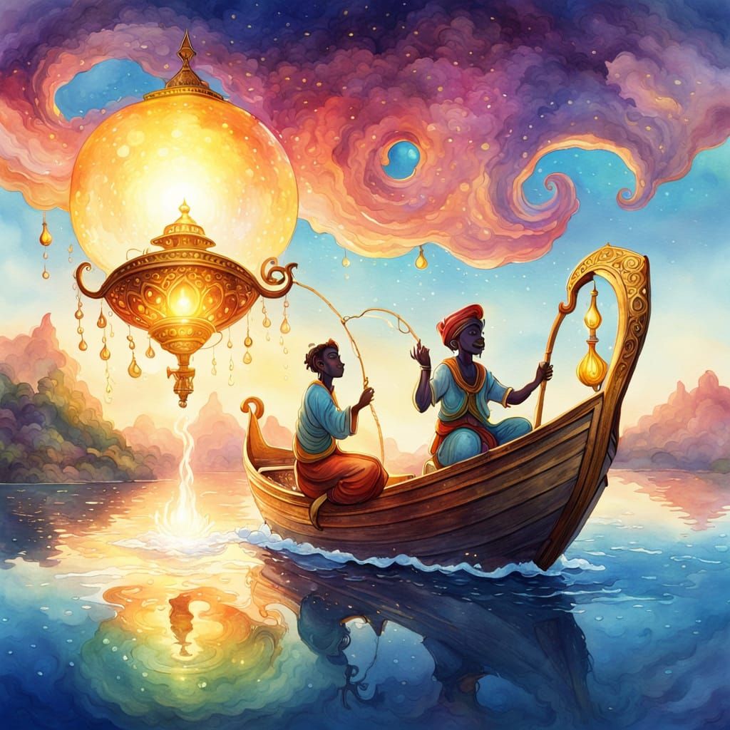 Genie's Fishing Vacation: Whimsical Watercolor Concept Art