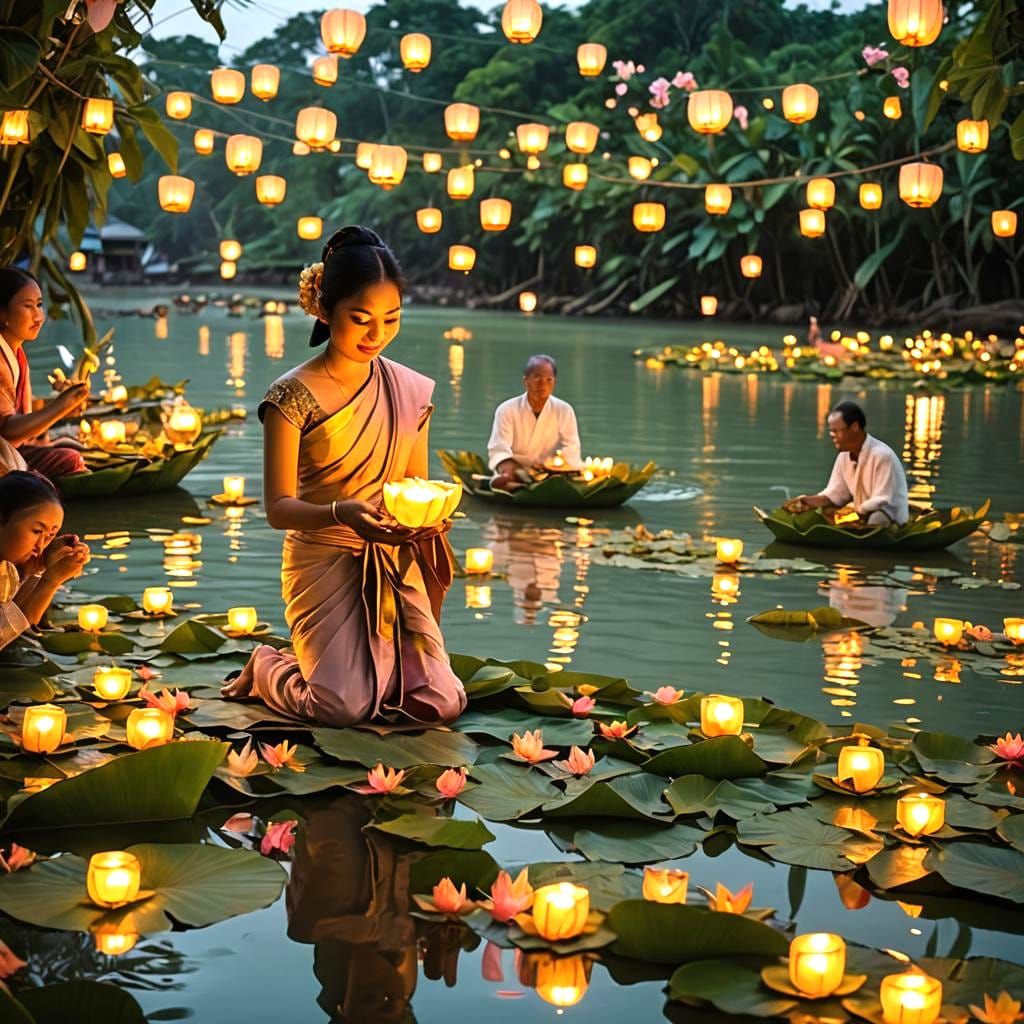 Loi Krathong Festival: Krathongs and Lanterns in Digital Art