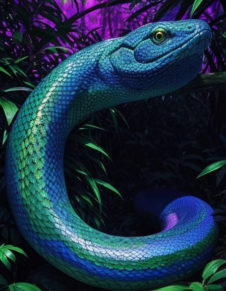 Jungle Snake Coiled on Branch as Oil Painting