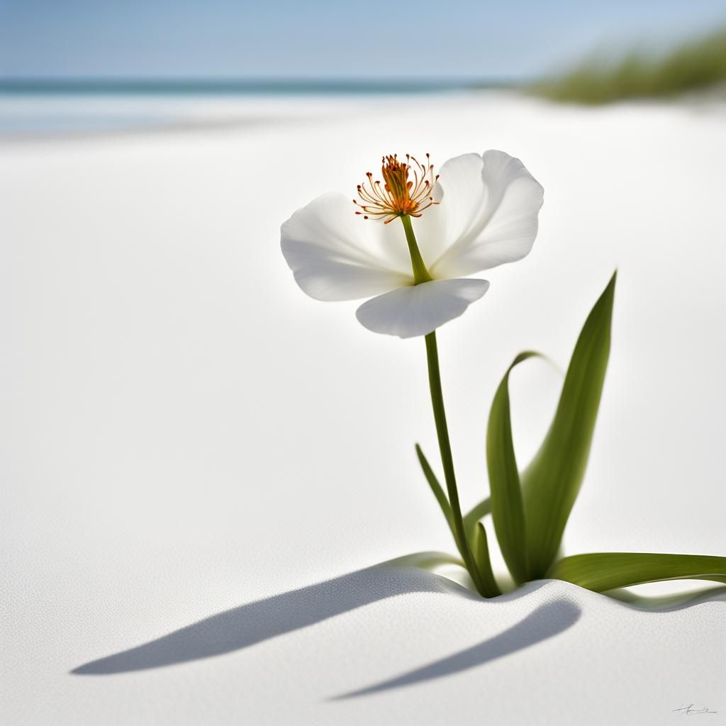 Flower on White Beach: Realistic Tranquil Photograph