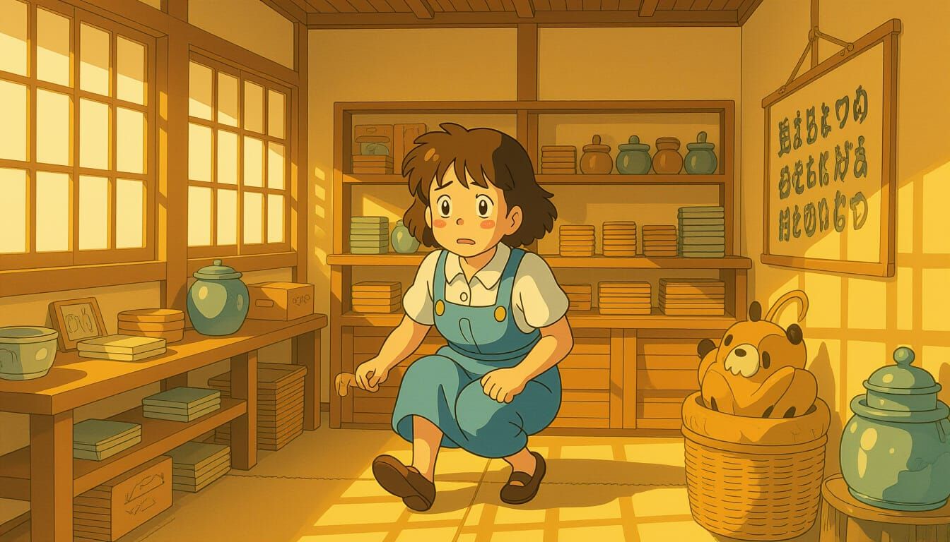 Anxious Character in Earthy Room, Ghibli-Style Animation